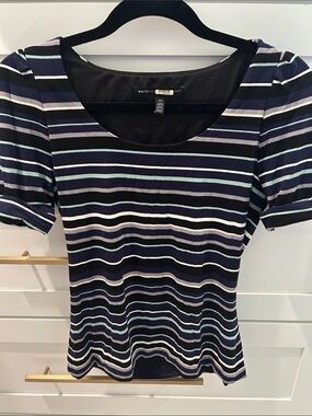 White House Black Market Navy Striped Scoop Neck Tee